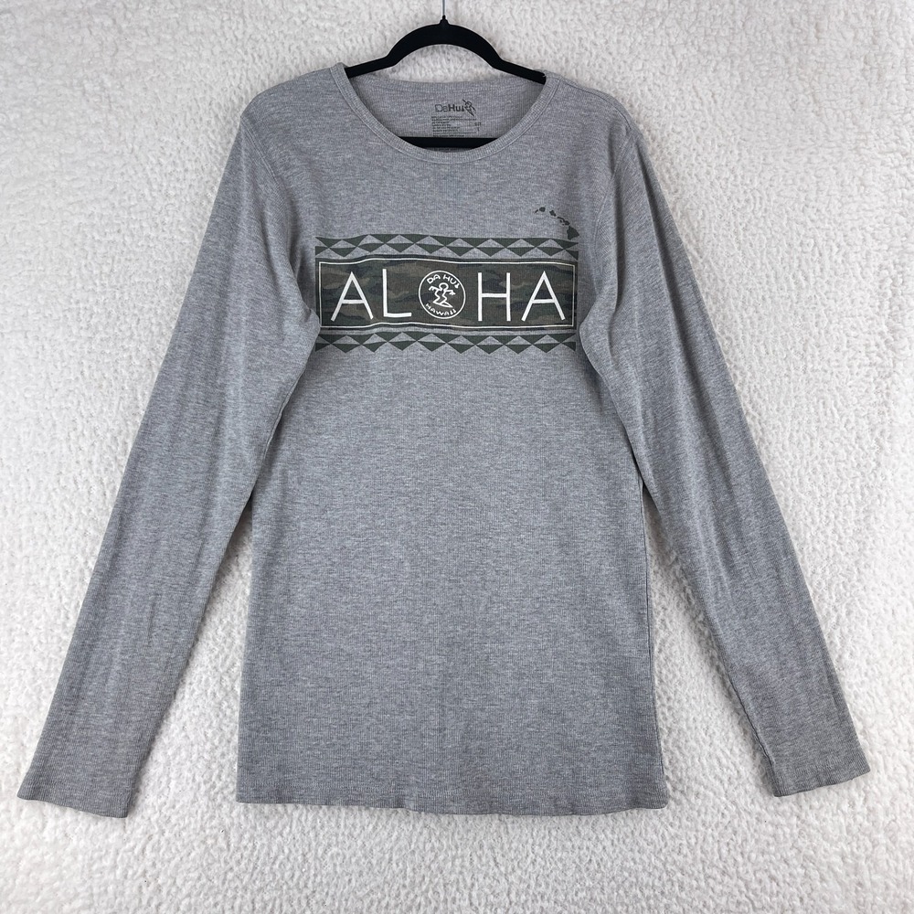 Da Hui Gray Thermal Aloha Print Long Sleeve Shirt Mens Pullover Crew Neck Size L